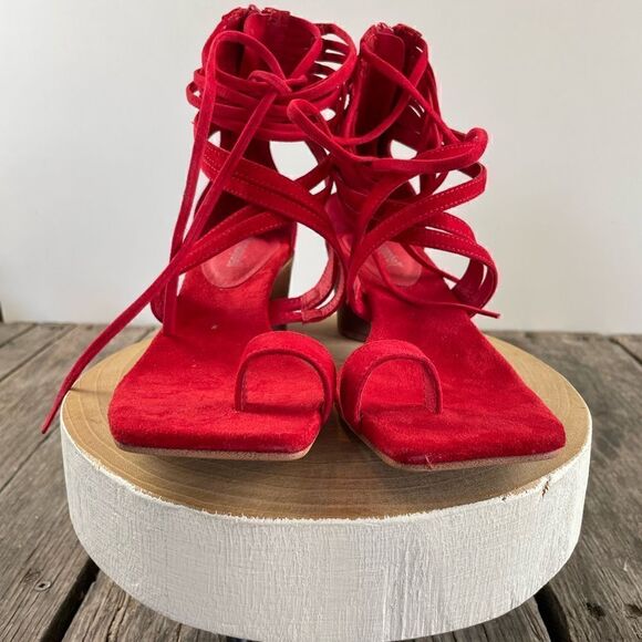 NWOT Jeffrey Campbell Red Leather Strappy Chunky Heels Size 7.5M - Picture 3 of 7